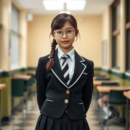 An ultra-realistic portrait of a schoolgirl in a perfectly fitted school uniform, featuring a black pleated skirt, a crisp white blouse fully buttoned with a perfectly fitting collar, and a stylish black and white tie