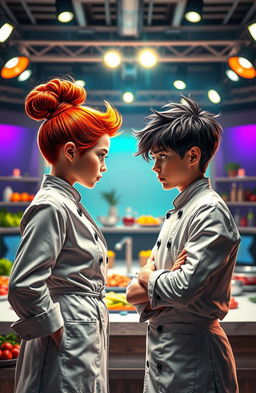 A dramatic scene featuring a girl and a boy standing face to face in a vibrant cooking competition arena