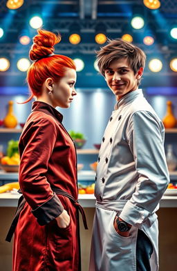 A dramatic scene featuring a girl and a boy standing face to face in a vibrant cooking competition arena