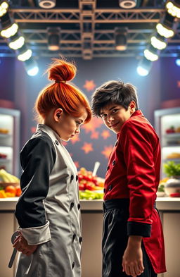 A dramatic scene featuring a girl and a boy standing face to face in a vibrant cooking competition arena