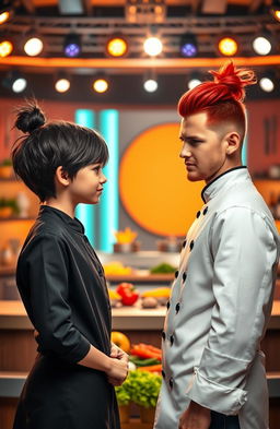 A dramatic scene featuring a girl and a boy standing face to face in a vibrant cooking competition arena