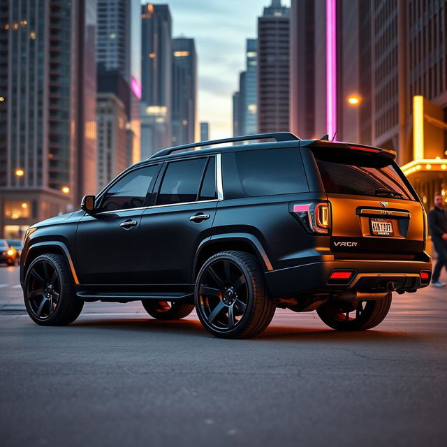 A powerful black matte SUV with tinted windows, showcasing a sleek and sporty design