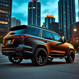 A powerful black matte SUV with tinted windows, showcasing a sleek and sporty design