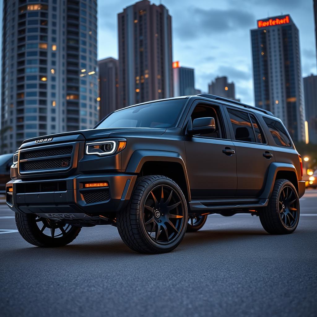 A powerful black matte SUV with tinted windows, showcasing a sleek and sporty design