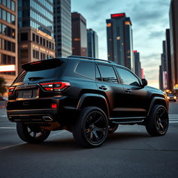 A powerful black matte SUV with tinted windows, showcasing a sleek and sporty design