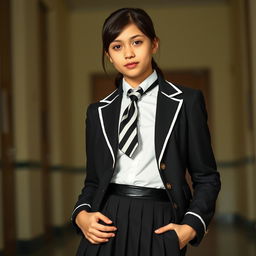 An ultra-realistic portrait of a European schoolgirl dressed in a perfectly fitted school uniform