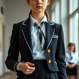 An ultra-realistic portrait of a European schoolgirl dressed in a perfectly fitted school uniform
