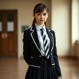 An ultra-realistic portrait of a European schoolgirl dressed in a perfectly fitted school uniform