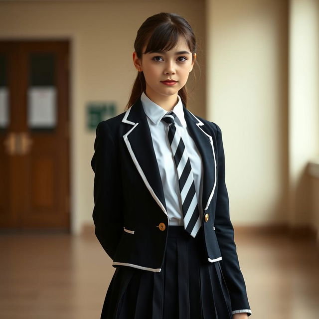 An ultra-realistic portrait of a European schoolgirl dressed in a perfectly fitted school uniform