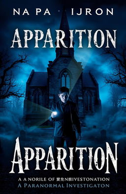 A dark and eerie book cover for the story titled 'Apparition', featuring a haunted church surrounded by a misty graveyard at twilight
