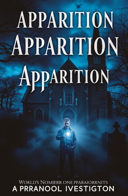A dark and eerie book cover for the story titled 'Apparition', featuring a haunted church surrounded by a misty graveyard at twilight