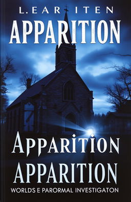 A dark and eerie book cover for the story titled 'Apparition', featuring a haunted church surrounded by a misty graveyard at twilight