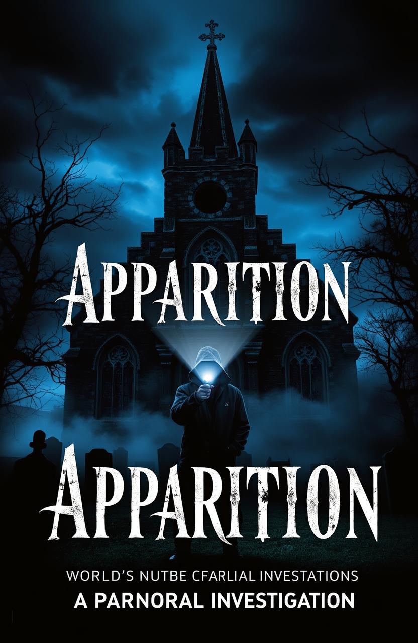 A dark and eerie book cover for the story titled 'Apparition', featuring a haunted church surrounded by a misty graveyard at twilight