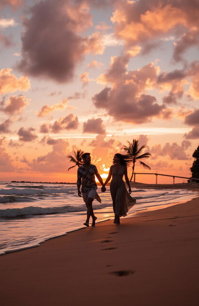 A serene sunset over a tranquil beach, with soft waves lapping at the shore, vibrant orange and pink hues reflecting off the water