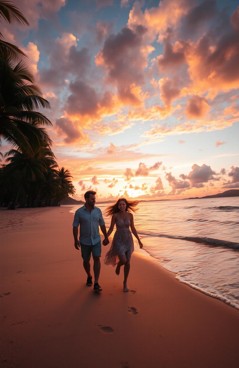 A serene sunset over a tranquil beach, with soft waves lapping at the shore, vibrant orange and pink hues reflecting off the water