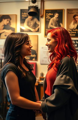 A romantic scene between two young women, one with dark brown hair and the other with vibrant red hair, both studying performing arts