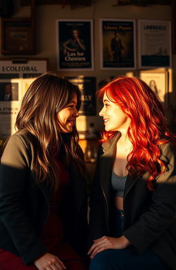 A romantic scene between two young women, one with dark brown hair and the other with vibrant red hair, both studying performing arts