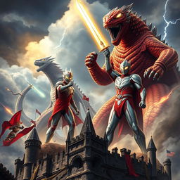 An epic medieval cover featuring Ultraman battling against towering Kaijus in a dramatic landscape