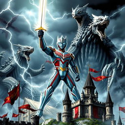 An epic medieval cover featuring Ultraman battling against towering Kaijus in a dramatic landscape
