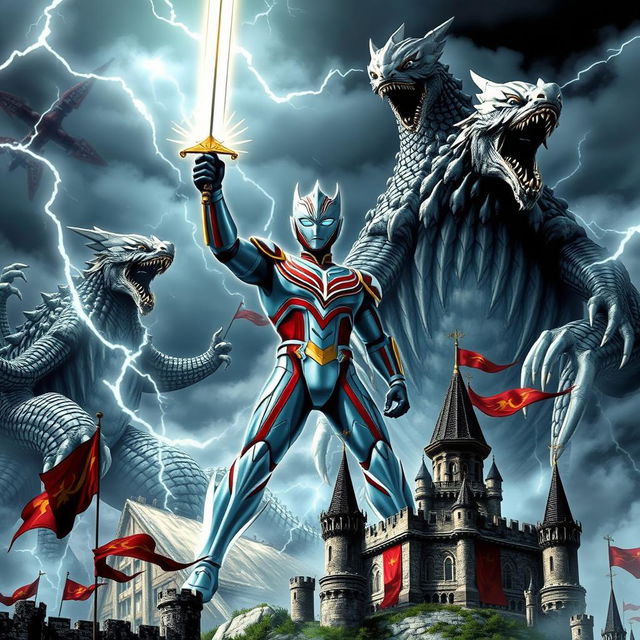 An epic medieval cover featuring Ultraman battling against towering Kaijus in a dramatic landscape