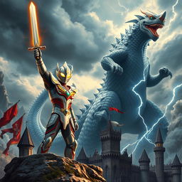 An epic medieval cover featuring Ultraman battling against towering Kaijus in a dramatic landscape