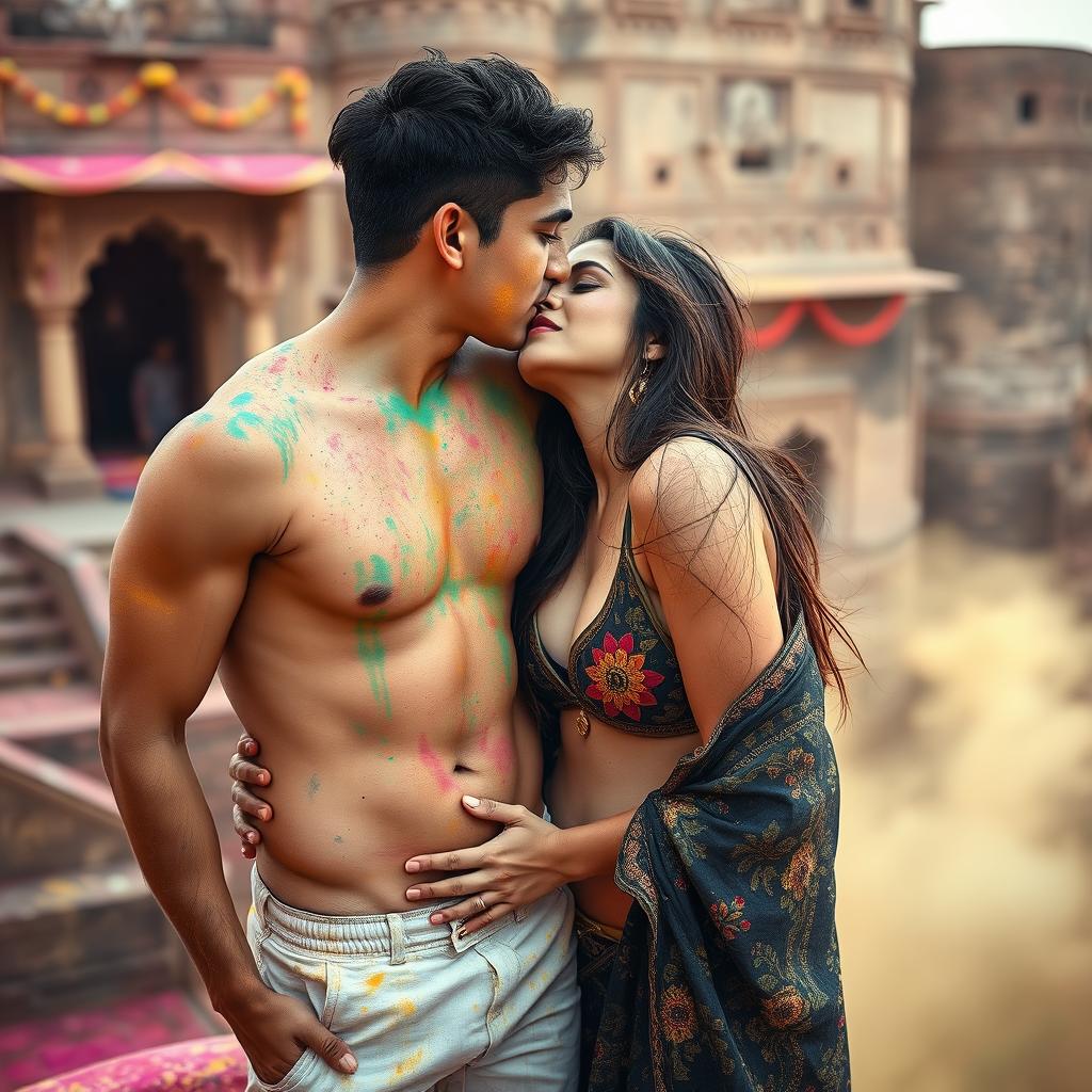 A sensual scene featuring a young woman resembling a college girl with a striking resemblance to Nushrat Bharucha, embracing her male classmate at a picturesque Rajasthani fort during the vibrant festival of Holi