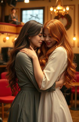 A romantic scene between a brunette girl and a redhead girl studying performing arts