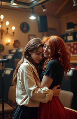 A romantic scene between a brunette girl and a redhead girl studying performing arts