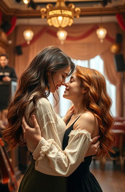 A romantic scene between a brunette girl and a redhead girl studying performing arts