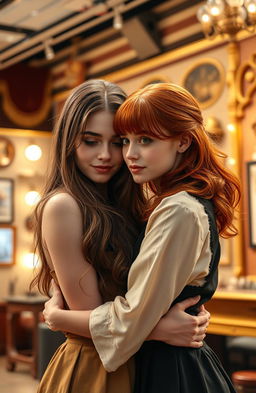 A romantic scene between a brunette girl and a redhead girl studying performing arts