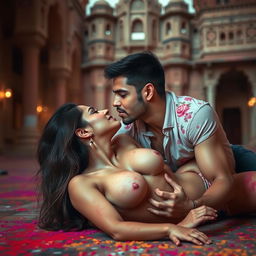 A sensual scene featuring a young woman resembling a college girl with a striking resemblance to Nushrat Bharucha, lying on the floor of a stunning Rajasthani fort during the festive celebration of Holi
