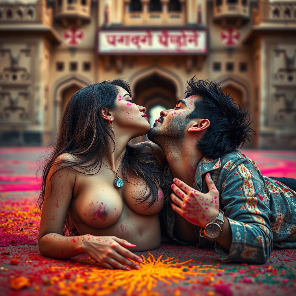 A sensual scene featuring a young woman resembling a college girl with a striking resemblance to Nushrat Bharucha, lying on the floor of a stunning Rajasthani fort during the festive celebration of Holi