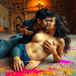 A sensual scene featuring a young woman resembling a college girl with a striking resemblance to Nushrat Bharucha, lying on the floor of a stunning Rajasthani fort during the festive celebration of Holi