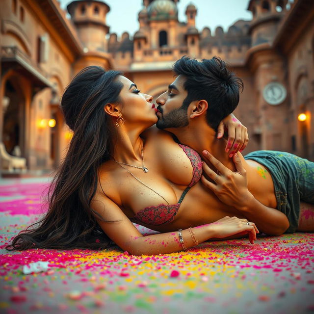 A sensual scene featuring a young woman resembling a college girl with a striking resemblance to Nushrat Bharucha, lying on the floor of a stunning Rajasthani fort during the festive celebration of Holi