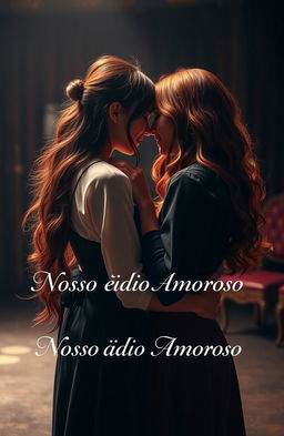 A tender yet passionate scene depicting a romantic moment between two girls, one with deep brown hair and the other with fiery red hair
