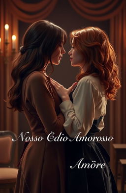 A tender yet passionate scene depicting a romantic moment between two girls, one with deep brown hair and the other with fiery red hair
