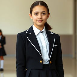 An ultra-realistic portrait of a European schoolgirl dressed in a perfectly fitted school uniform