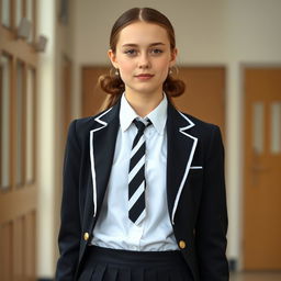 An ultra-realistic portrait of a European schoolgirl dressed in a perfectly fitted school uniform