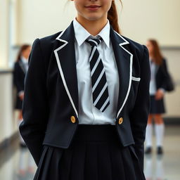 An ultra-realistic portrait of a European schoolgirl dressed in a perfectly fitted school uniform