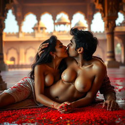 A sensual scene featuring a young woman resembling a college girl with a striking resemblance to Nushrat Bharucha, lying on the floor of a beautiful Rajasthani fort