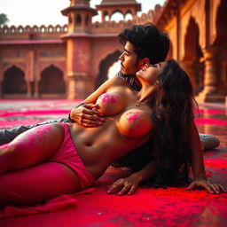 A sensual scene featuring a young woman resembling a college girl with a striking resemblance to Nushrat Bharucha, lying on the floor of a beautiful Rajasthani fort
