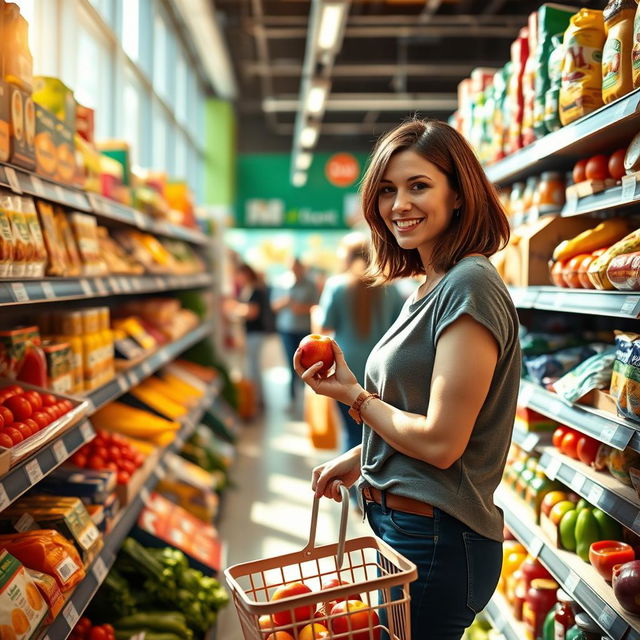 A 30-year-old woman shopping at a supermarket, browsing through the aisles