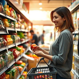 A 30-year-old woman shopping at a supermarket, browsing through the aisles