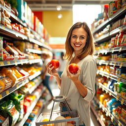 A 30-year-old woman shopping at a supermarket, browsing through the aisles