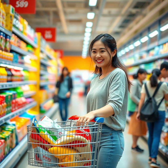 A 30-year-old Asian woman shopping in a supermarket, wearing comfortable casual clothing