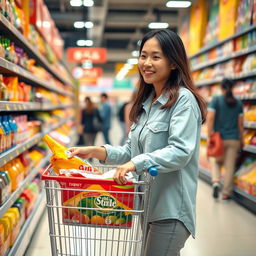 A 30-year-old Asian woman shopping in a supermarket, wearing comfortable casual clothing
