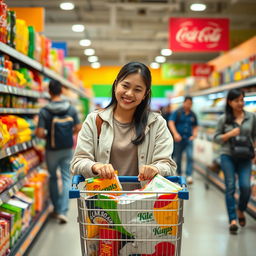 A 30-year-old Asian woman shopping in a supermarket, wearing comfortable casual clothing