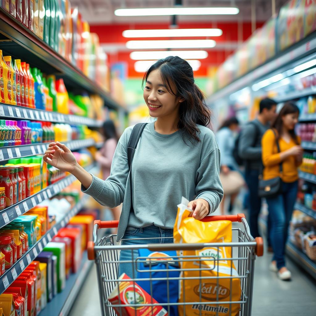 A 30-year-old Asian woman shopping in a supermarket, wearing comfortable casual clothing