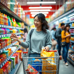 A 30-year-old Asian woman shopping in a supermarket, wearing comfortable casual clothing