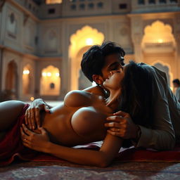 A sensual scene featuring a young woman resembling a college girl with a striking resemblance to Nushrat Bharucha, lying on the floor of a beautiful Rajasthani fort